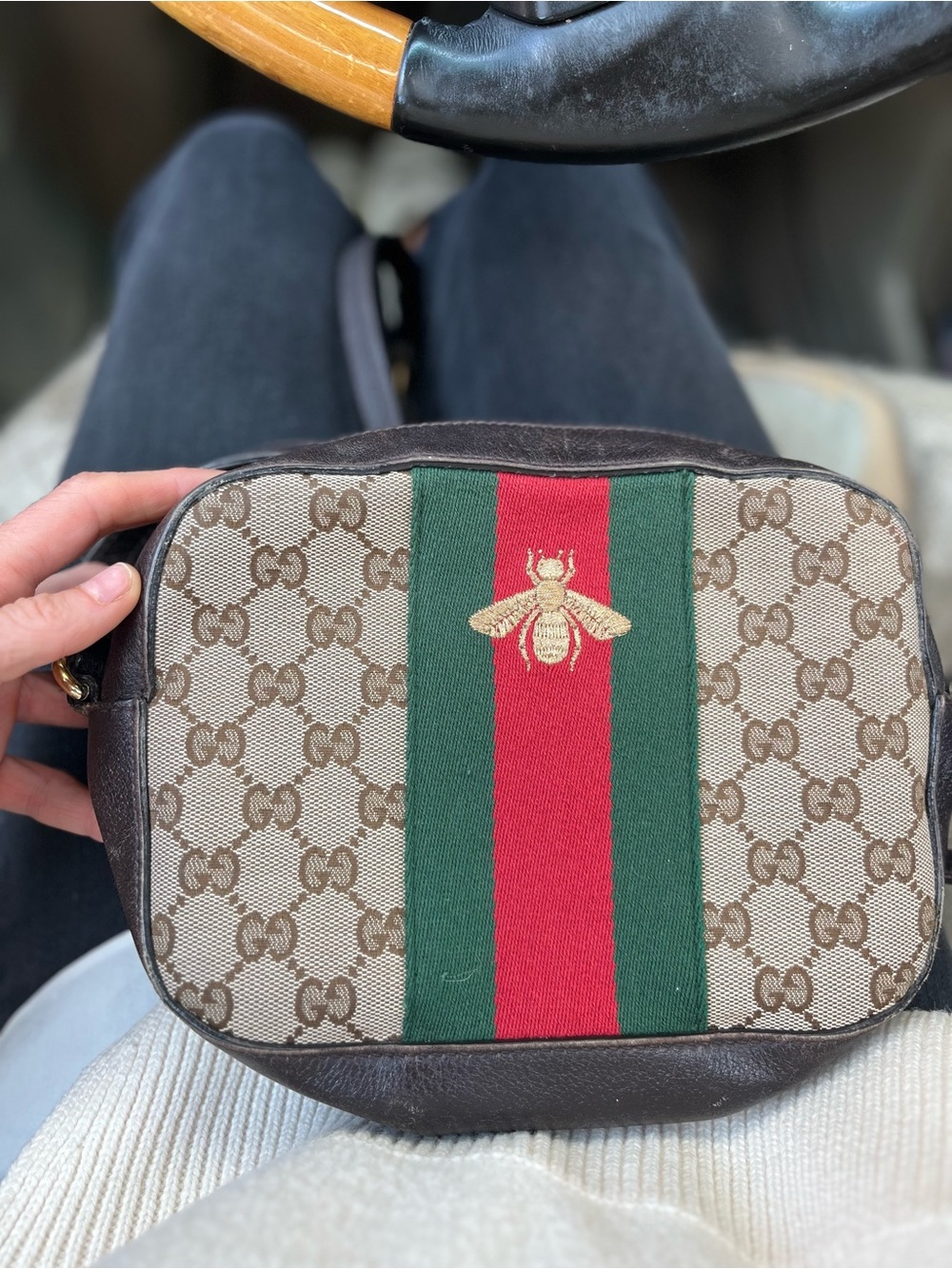 Gucci GG Canvas Crossbody with Green & Red Stripe and Bee